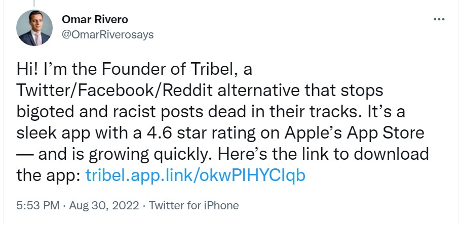 Tweet by Omar Rivero talking about founding Tribel